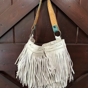 Fringe White Leather Shoulder Bag